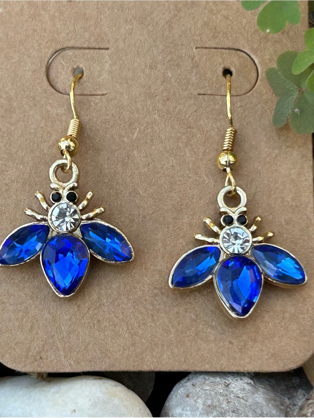 Gold-Trim Blue Crystal Bee Drop Earrings - Unbranded